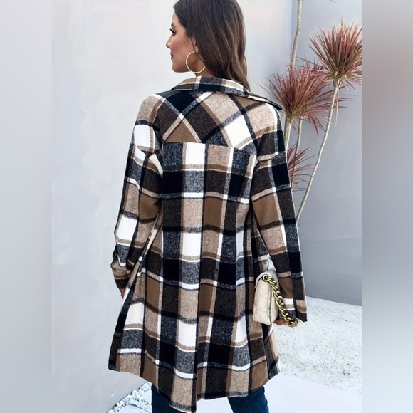 Brand New Camel Brown Flannel Shacket Coat Plaid Button Down Shirt Jacket - Picture 4 of 16